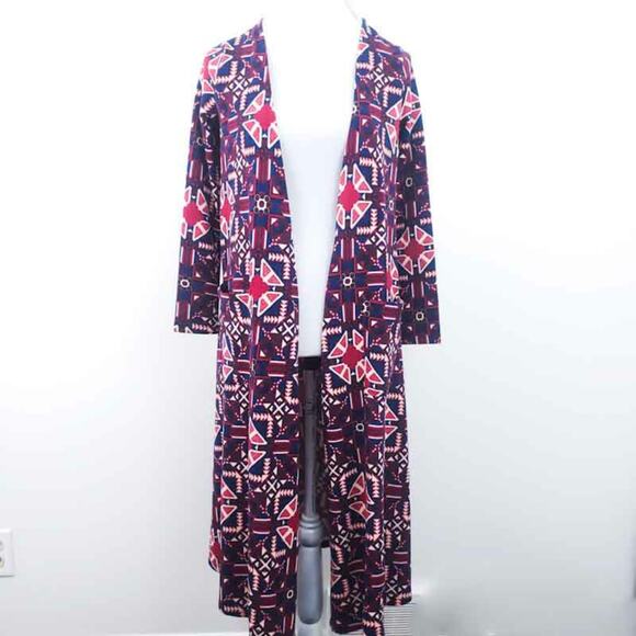 NEW LuLaRoe Sarah Cardigan Duster Red Blue Aztec Geometric Patriotic SMALL - Picture 1 of 6